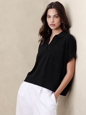 Banana Republic Black Johnny Collar Sweater Cotton-Linen Blend